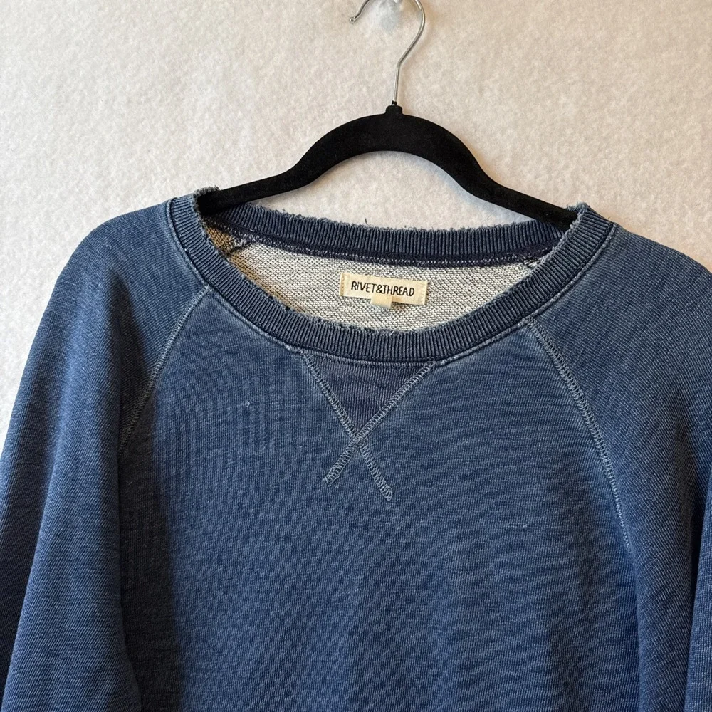 Rivet & Thread J Crew Distressed Thrashed Ripped Indigo Blue Sweatshirt M Grunge